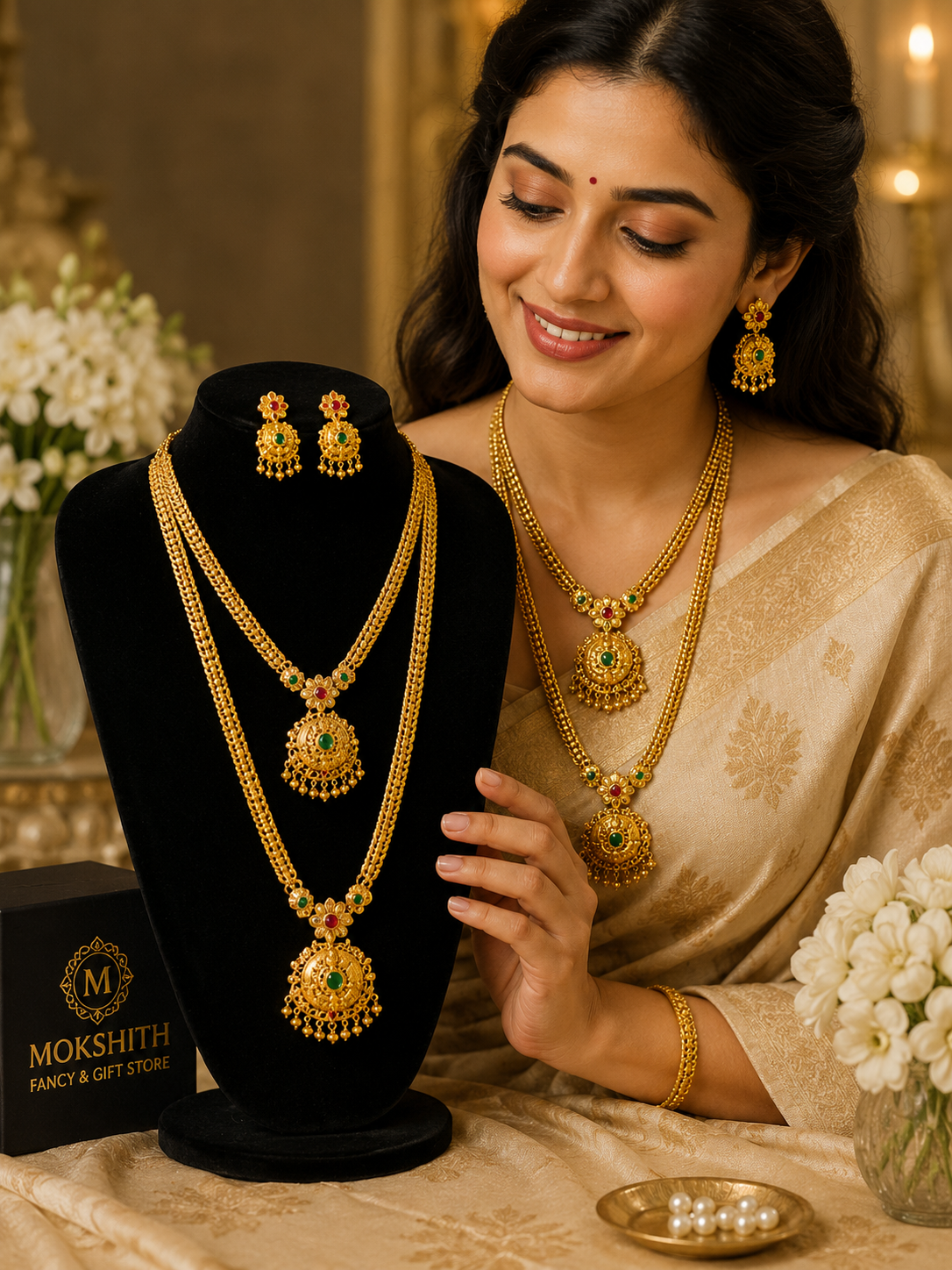 Premium Dual Layer Temple Necklace Set with Matching Earrings