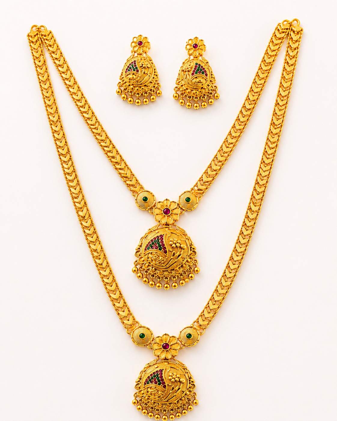 Premium Dual Layer Temple Necklace Set – Gold Finish (Green & Ruby Stones)