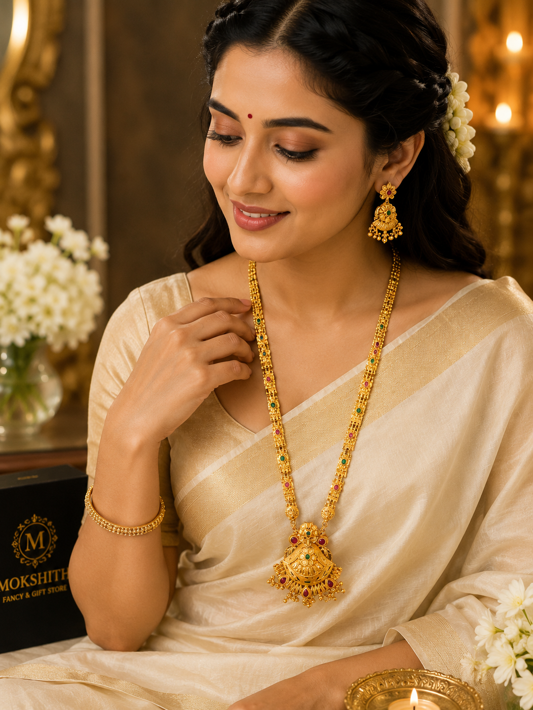 Traditional Temple Long Necklace Set with Earrings - Image 2