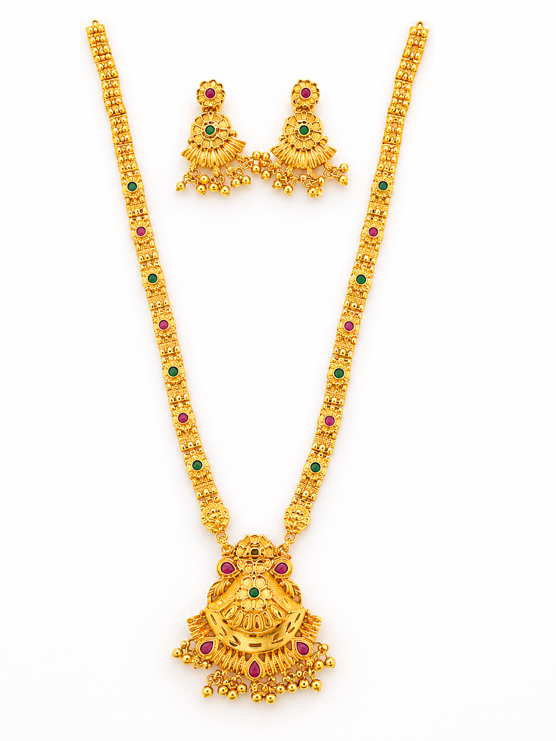 Traditional Temple Long Necklace Set with Earrings