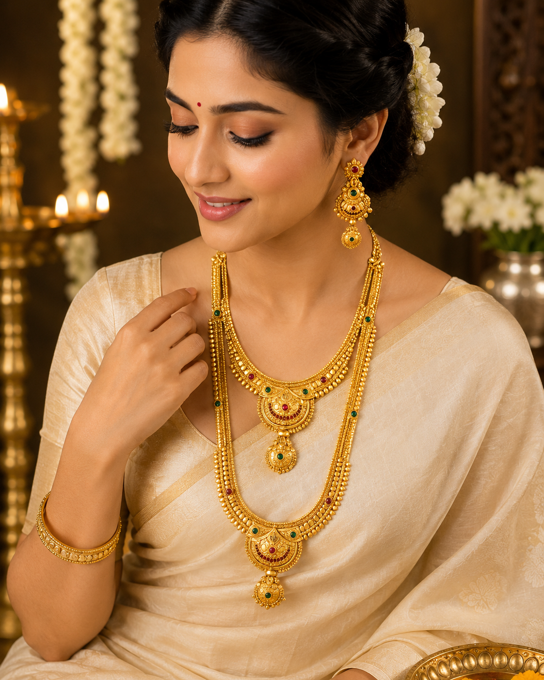 Premium Traditional Dual Layer Temple Necklace Set with Earrings - Image 2